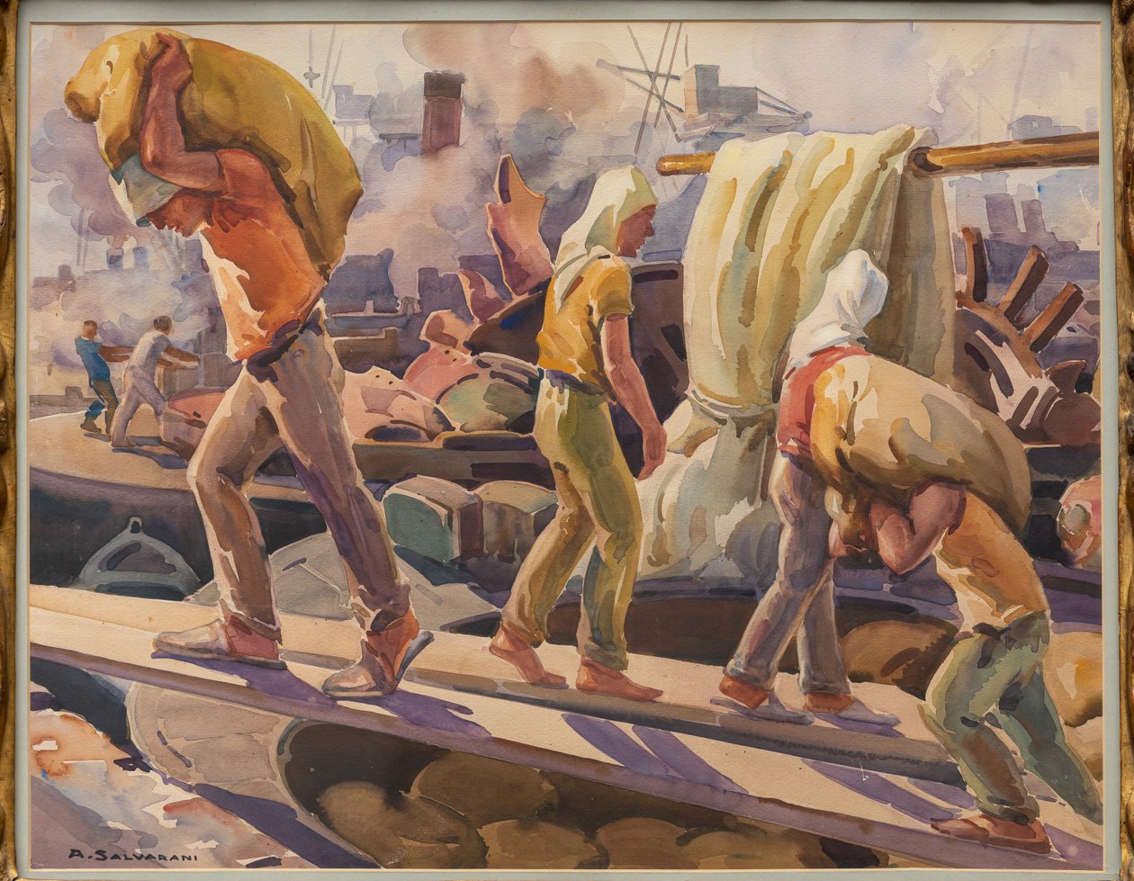 Cenova Limanında İşçiler (kağıt üzerine suluboya) by Arcangelo Salvarani