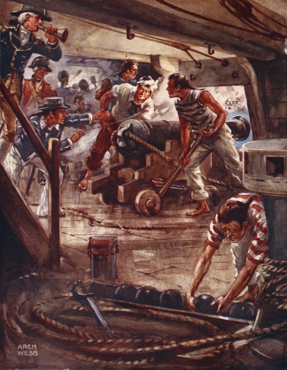 Ballads of Famous Fights, Birinci Baskı, 1920'den, sert dudaklarından çıkan her silah, gemilerin etrafına bir ölüm gölgesi yaydı. by Archibald Webb