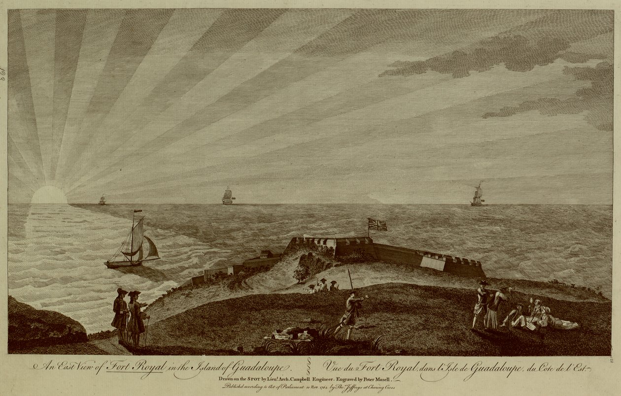 Bir grup asker ön planda bir tepenin üzerinde duruyor, ötesinde Fort Royal, yelkenli gemiler ve arka planda denizde batan güneş by Archibald (after) Campbell