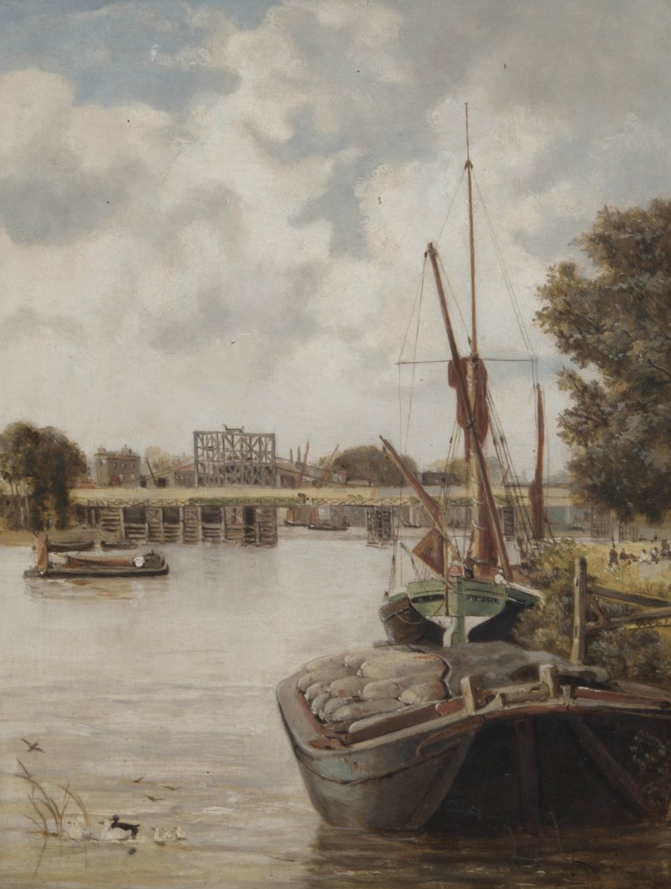 1886 geçici köprüyü gösteren yapım aşamasında mevcut Hammersmith Köprüsü by Archibald Webb