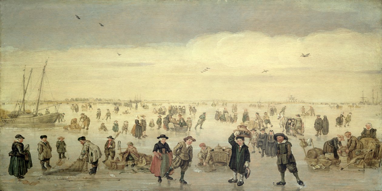 Buz Üzerinde Çok Sayıda Figürün Bulunduğu Kış Manzarası, 1600-31 dolayları (panel üzeri yağlı boya) by Arent Arentsz