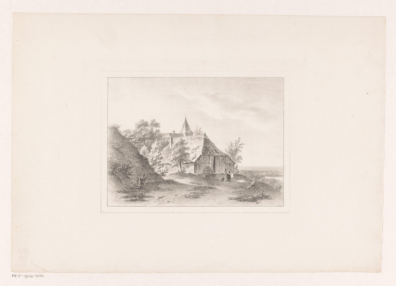 Çamaşırları beyazlatan kadınla köy kenarı by Arie Ketting de Koningh (attributed to)