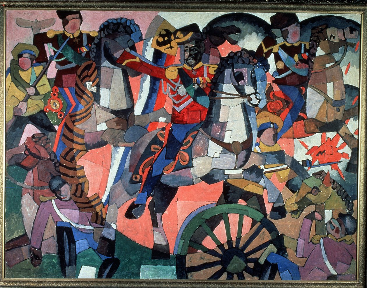 Zafer savaşı. Savaş sahnesi, etkileyici ve renkli, silahlı askerler, hücum eden atlılar, top çarkı ve patlamalar ve düşmüş askerler. Aristarkh Vasilyevich Lentulov