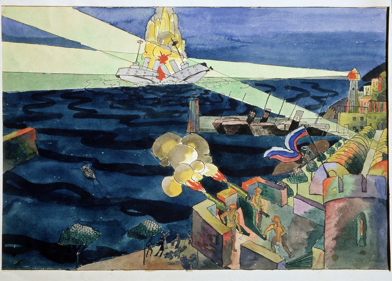 Bir Deniz Savaşı. Müstahkem sahili savunan toplar, patlamalar arasında parçalanan bir savaş gemisine ateş ediyor. Aristarkh Vasilyevich Lentulov