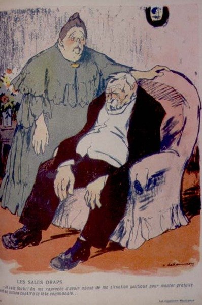 Dirty Linen: "Bitirdim! Yerel şenliklerde bir sıcak hava balonunda bedavaya binmeyi kabul ederek siyasi durumumu kötüye kullandığım için beni eleştiriyorlar! Mayıs 1908 (lito) by Aristide Delannoy