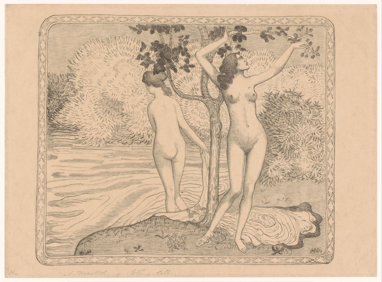 Deniz kıyısında bir ağacın altında yıkanan iki kadın Deux baigneuses nues sous un arbre au bord de l'eau (orijinal başlık) by Aristide Maillol