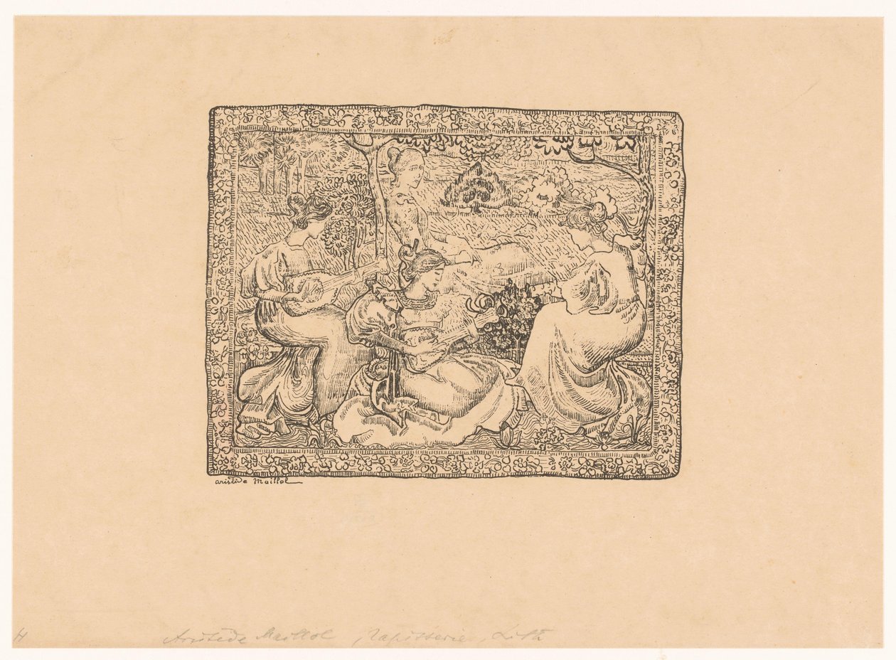Bir manzarada dört müzik yapan kadınla duvar halısı Konser şampiyonu (orijinal adı) by Aristide Maillol