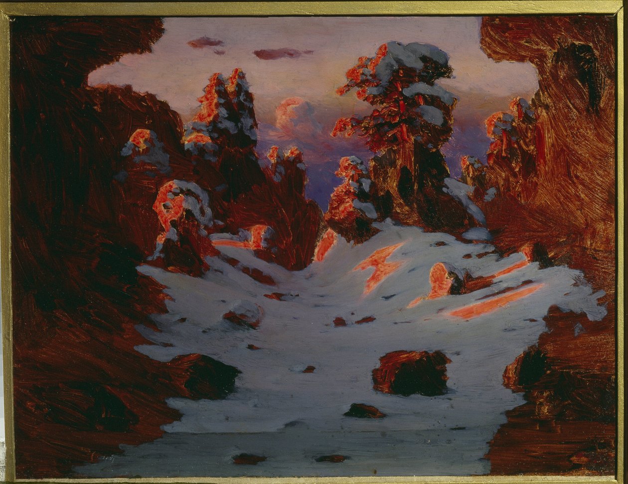 Gün batımında kış manzarası (Günbatımı Etkisi). Alexander Ivanovich Kuindzhi (Kouindji) (1842-1910) tarafından yapılan resim. Tuval üzerine yağlıboya. Boyutlar: 39 x 53 cm. Saint Petersburg, Devlet Rus Müzesi Müzesi by Arkhip Ivanovich Kuindzhi