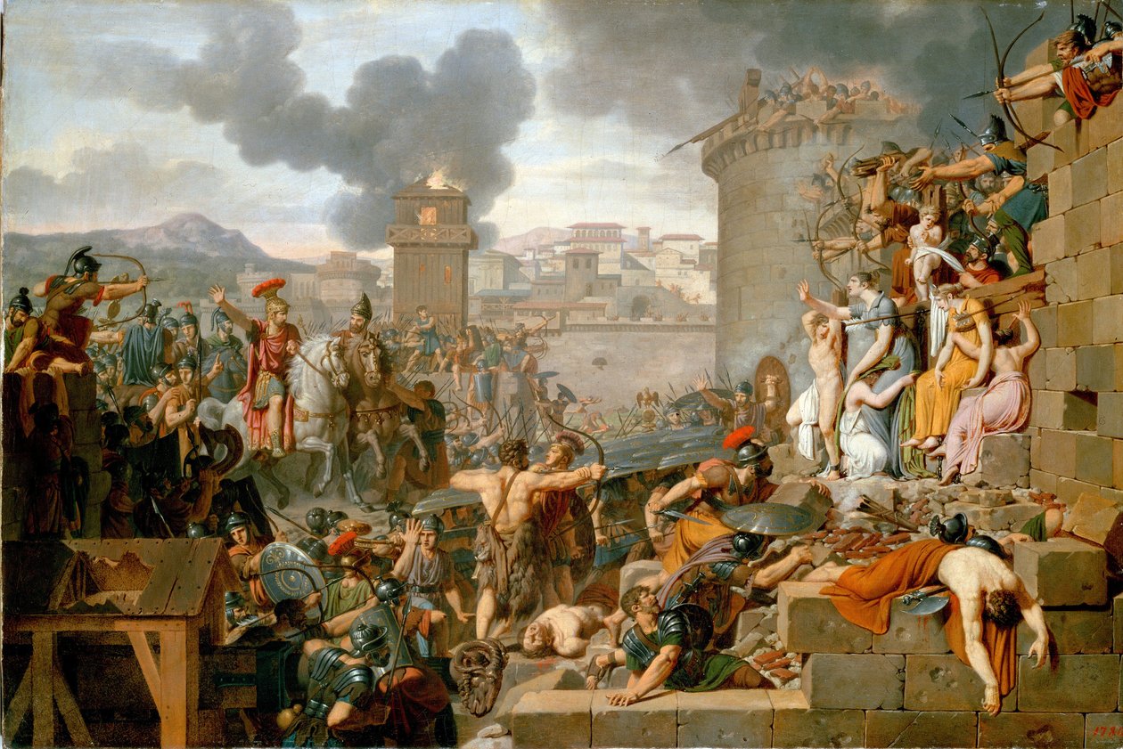 ""Metellus Raising the Siege" (Metellus Raising the Siege) Centobrica şehrinin kuşatması sırasında, Quintus Caecilius Metellus Macedonicus, sakinleri Rhetogen'in çocuklarını kendisine saldırmaya maruz bıraktığında askerlerini tutuklar. B by Armand Charles Caraffe