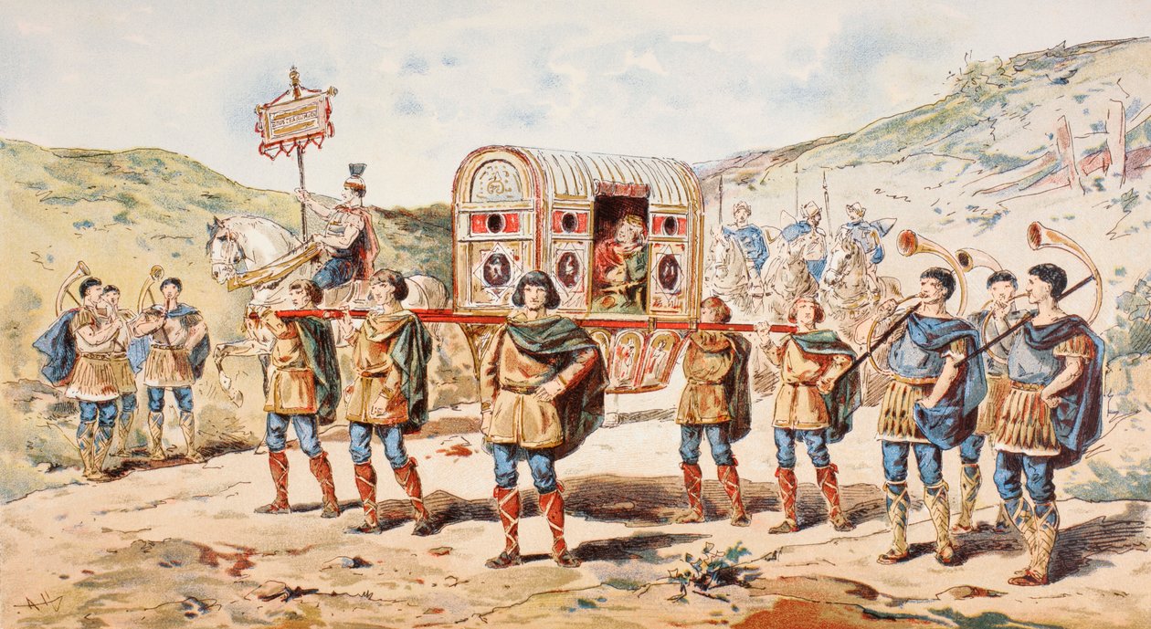 Dört adam tarafından bir çöpte taşınan 9. yüzyıldan kalma bir soylu kadın by Armand Jean Heins