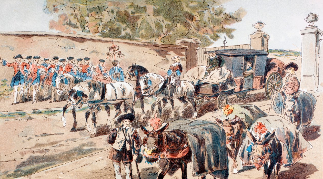 Duvarlı Bir Yerleşkeye giren ve bir Bando ile Eşek Treni arasından geçen bir Post-Chaise by Armand Jean Heins