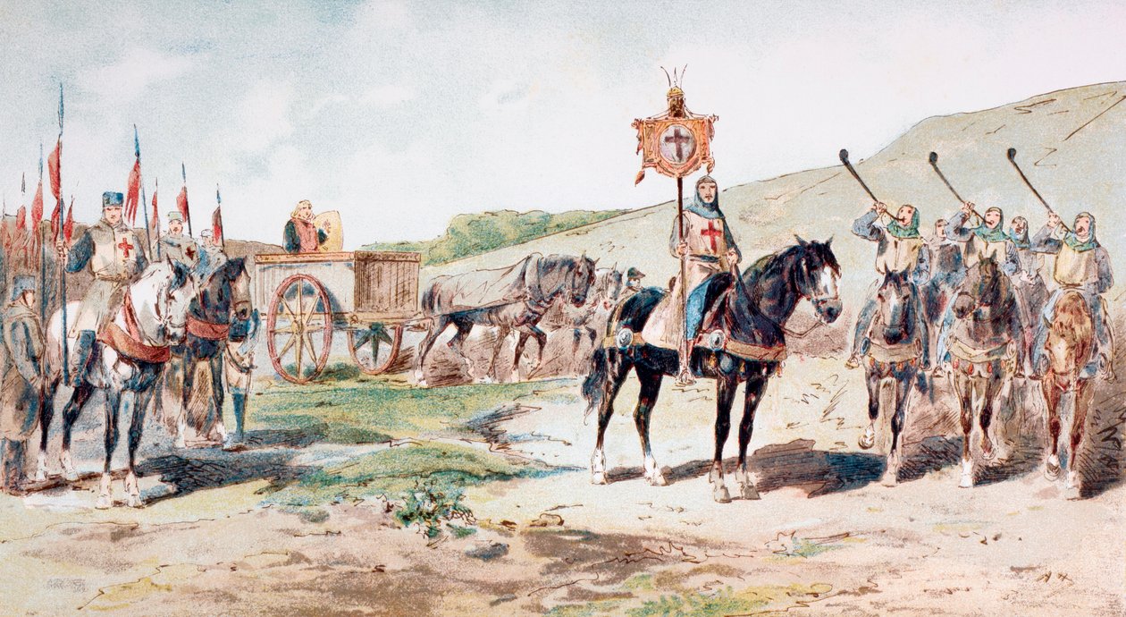 11. yüzyılda bir atlı ikmal vagonu ile yürüyüşe geçen Haçlılar, 1886 by Armand Jean Heins