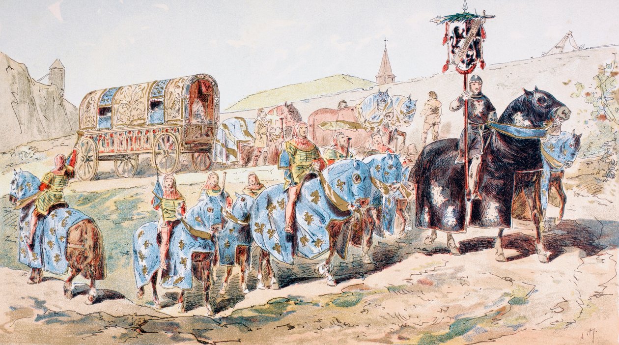 13. Yüzyılda Trompetçilerin eşlik ettiği Atlı Antrenörlü Asil Kadın by Armand Jean Heins