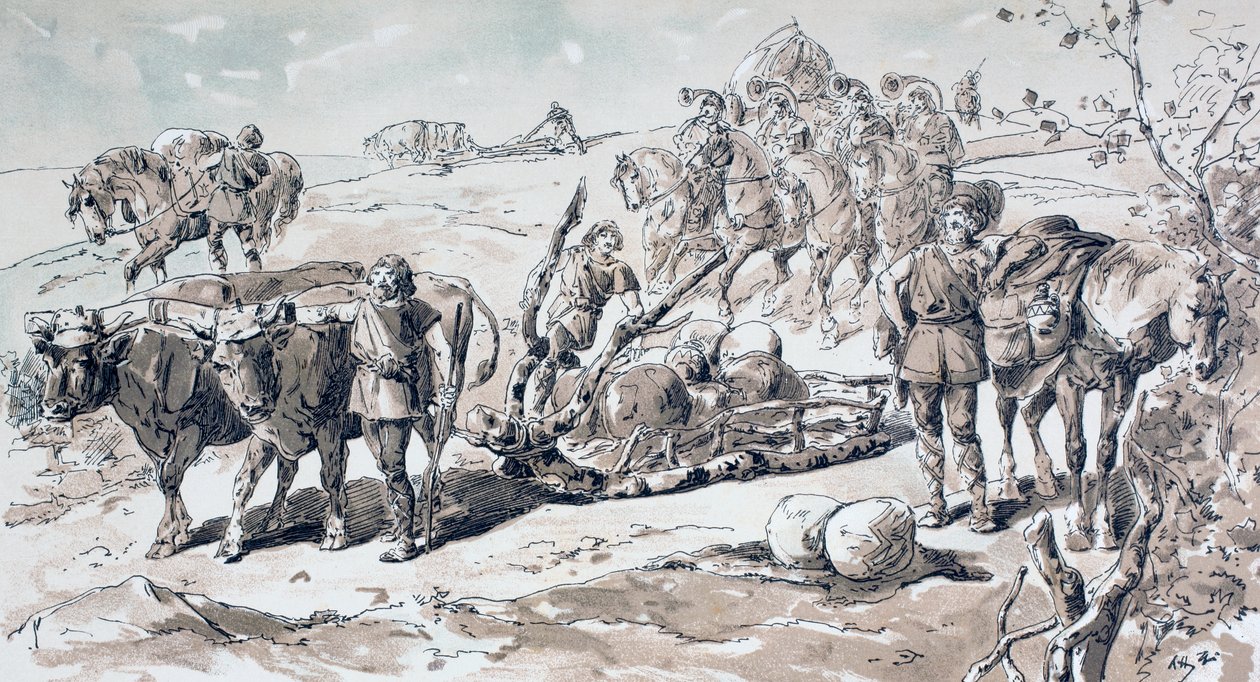 Kayalarla dolu ilkel bir kızağı çeken öküz, 1886 by Armand Jean Heins