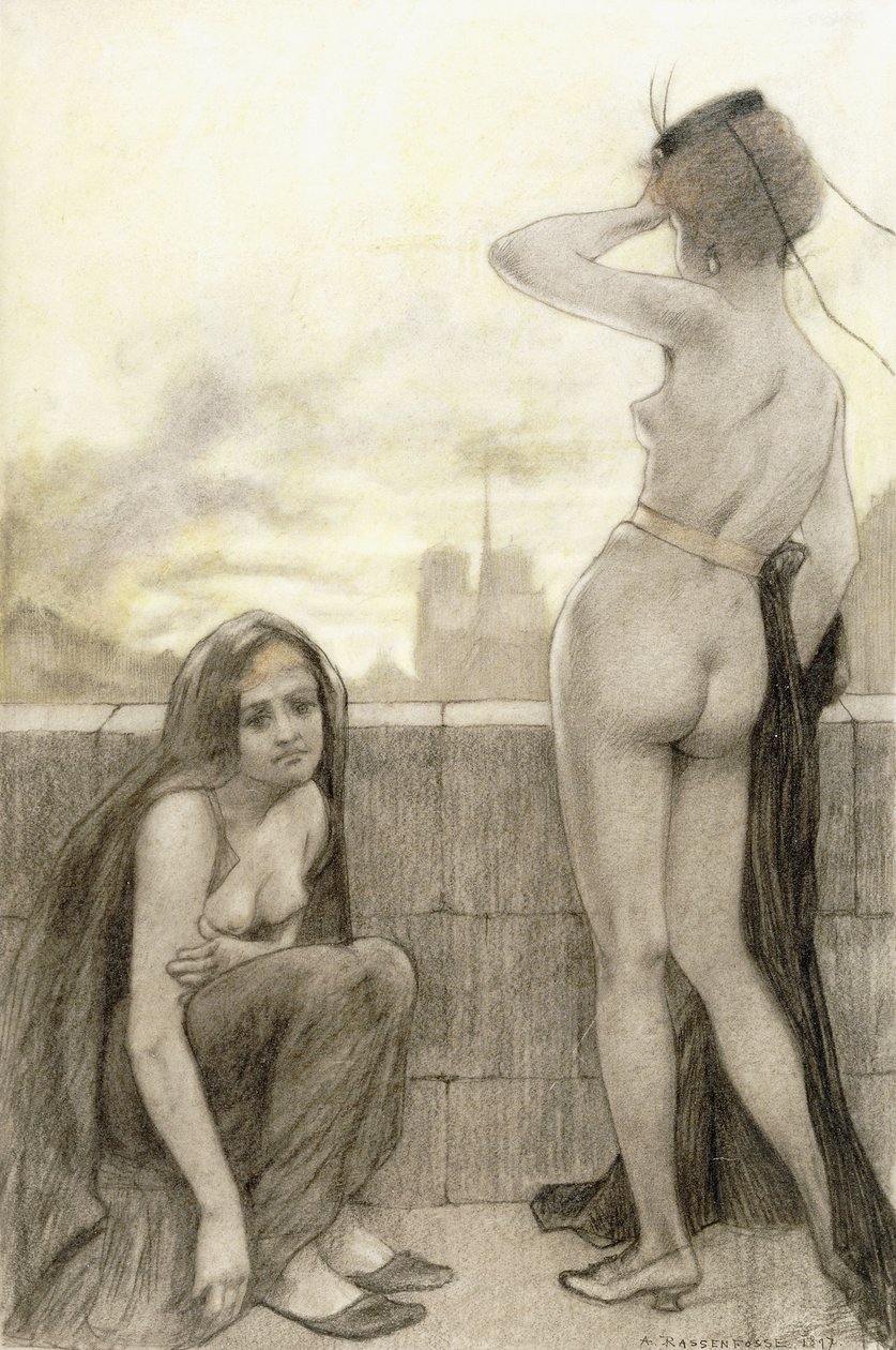 Bir şehirde bir duvarın yanında iki kısmen giyinmiş kadın by Armand Rassenfosse