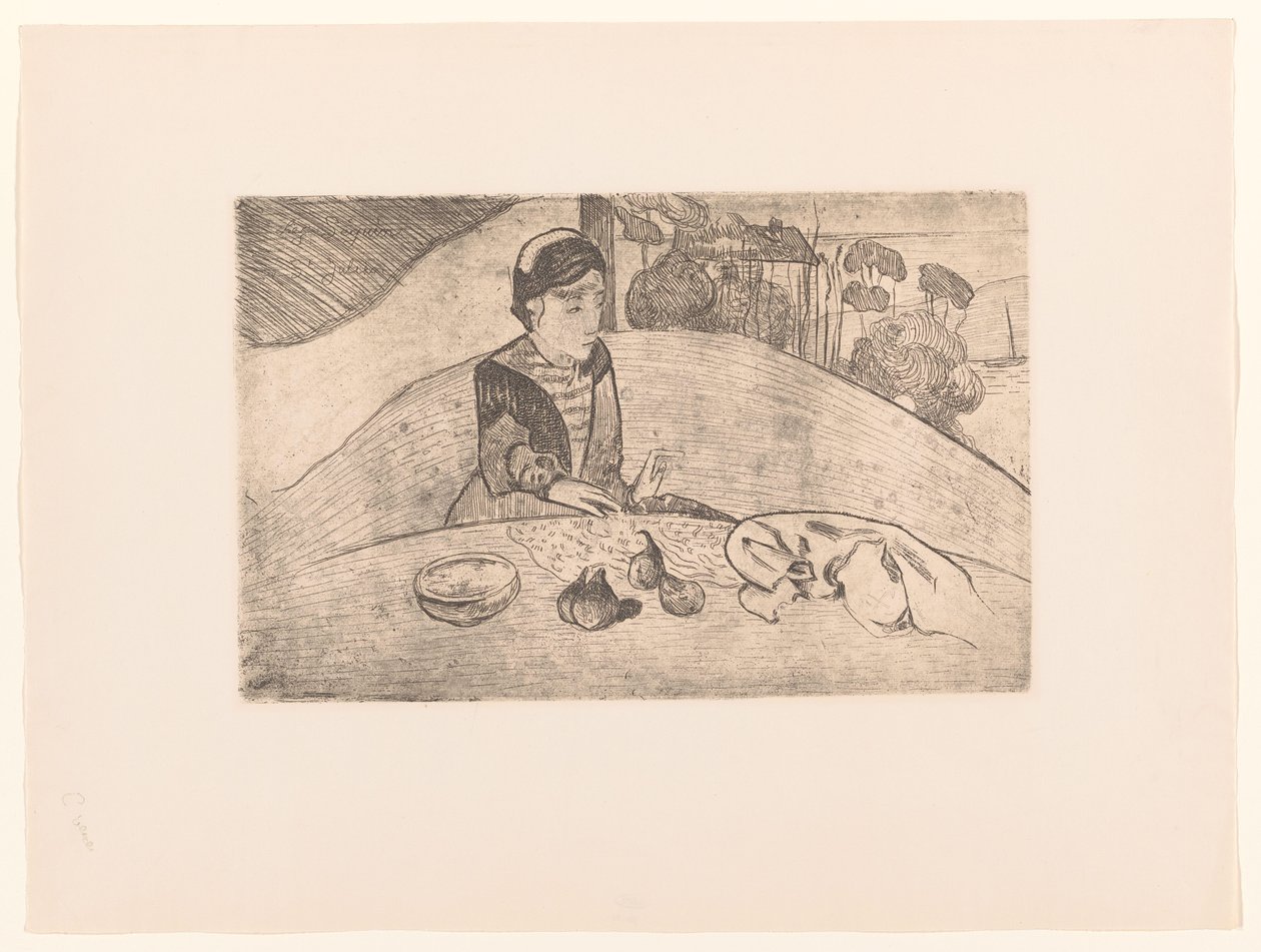 Breton çiftçinin karısı masada La femme aux figürleri by Armand Seguin (possibly)