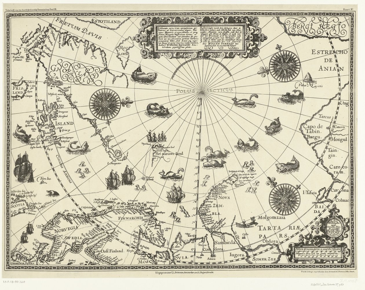 Hollandalıların üç seferini gösteren Kuzey Kutup Dairesi çevresindeki ülkelerin haritası, 1598 Hollandalı ve Noordt syde van Noorweghen, Moscovia, nova Sembla ve 80. derece Groenlandt tarafından yapılan üç seylagien