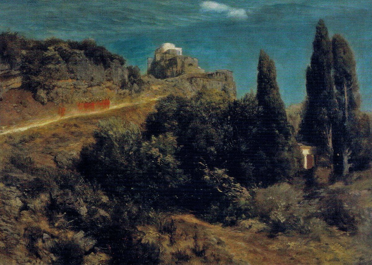 Savaşçılarla birlikte dağ kalesi by Arnold Böcklin
