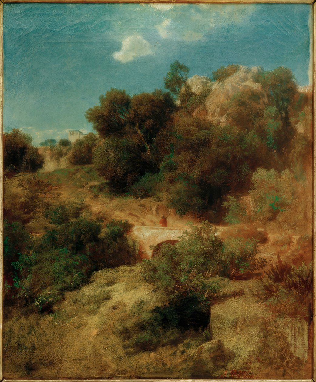 Bir köprü ile kayalık dağ ülke by Arnold Böcklin