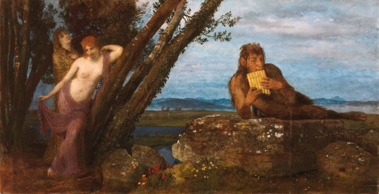 ""Soiree de Printemps"" (Bahar Akşamı) Pan bir kayanın üzerinde yatarken flütünü çalıyor, iki nereid şehvetle gövdelere yaslanıyor - Resim Arnold Bocklin (1827-1901) 1879 Szepmuveszeti Muzeum, Budapeşte by Arnold Böcklin