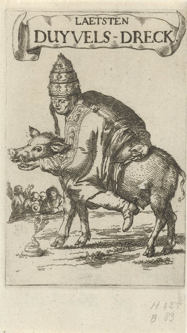 Pope on a pig Başlık sayfası: J. Lydius, Laetsten duyvels-dreck, 1687 by Arnold Houbraken