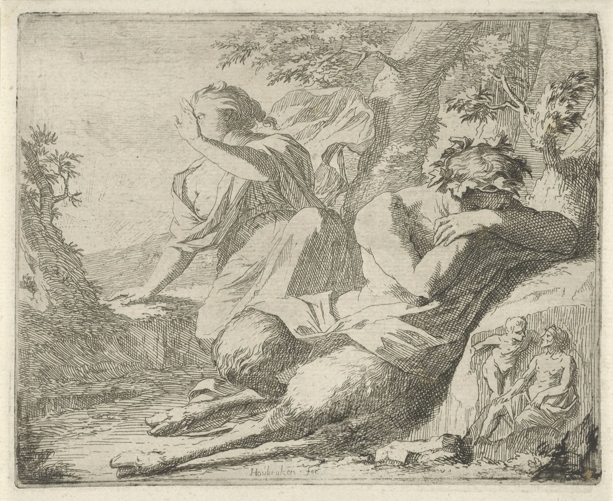 Satyr ve kadın figürü gözleri güneş ışığından koruyor Ressamların, heykelcilerin vb. hizmetinde açılan günah heykelleri sahnesi (dizi adı) by Arnold Houbraken