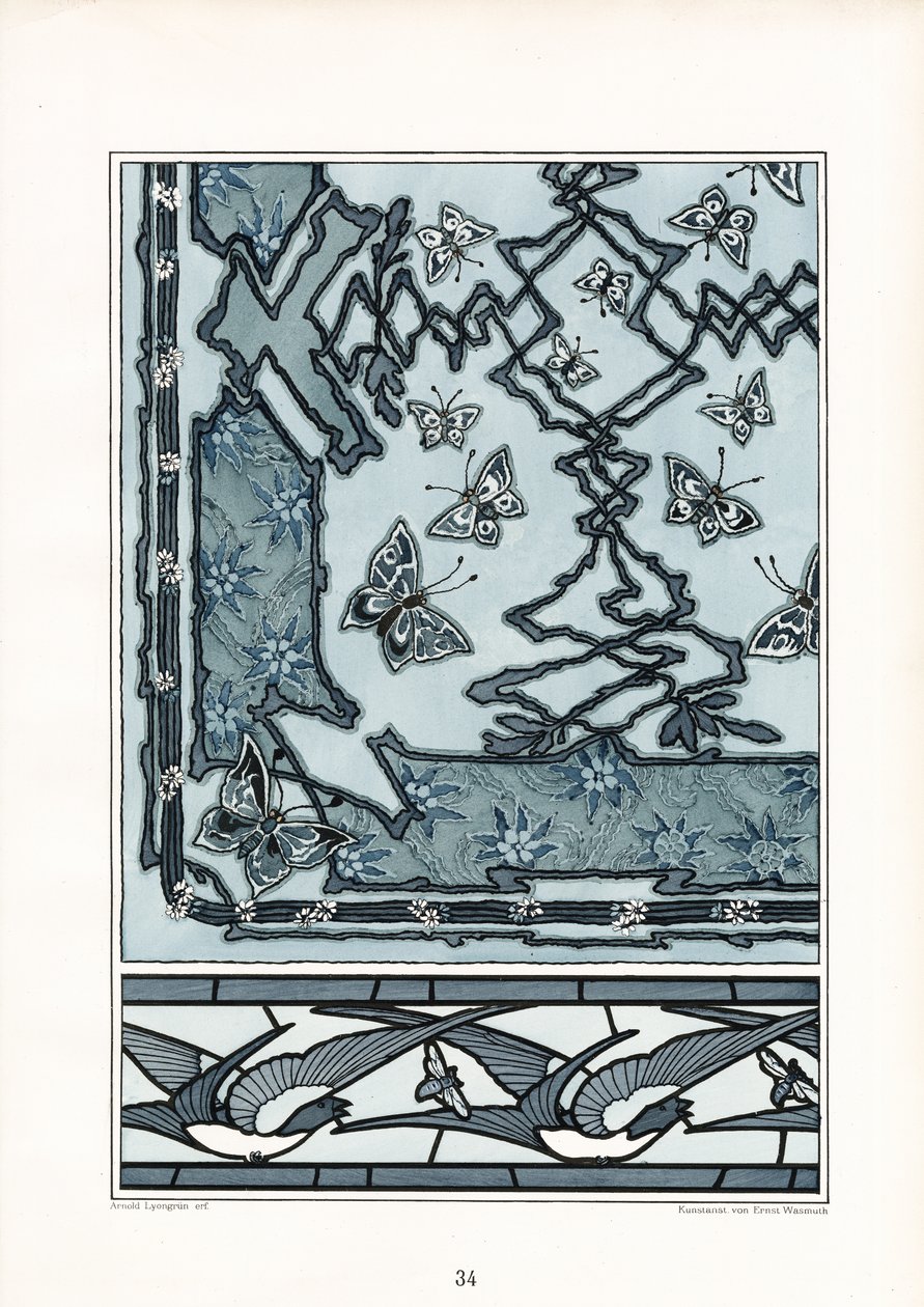 Kırlangıçlar ve Kelebekler ile Art Nouveau Dekoratif Desen (taş baskı) by Arnold Lyongrün