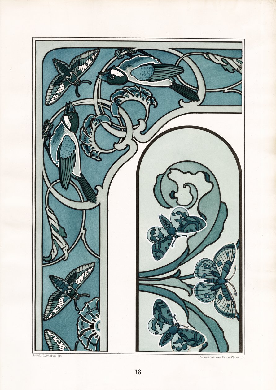 Kuşlar ve Güvelerle Art Nouveau Çerçeve Süsü (taş baskı) by Arnold Lyongrün