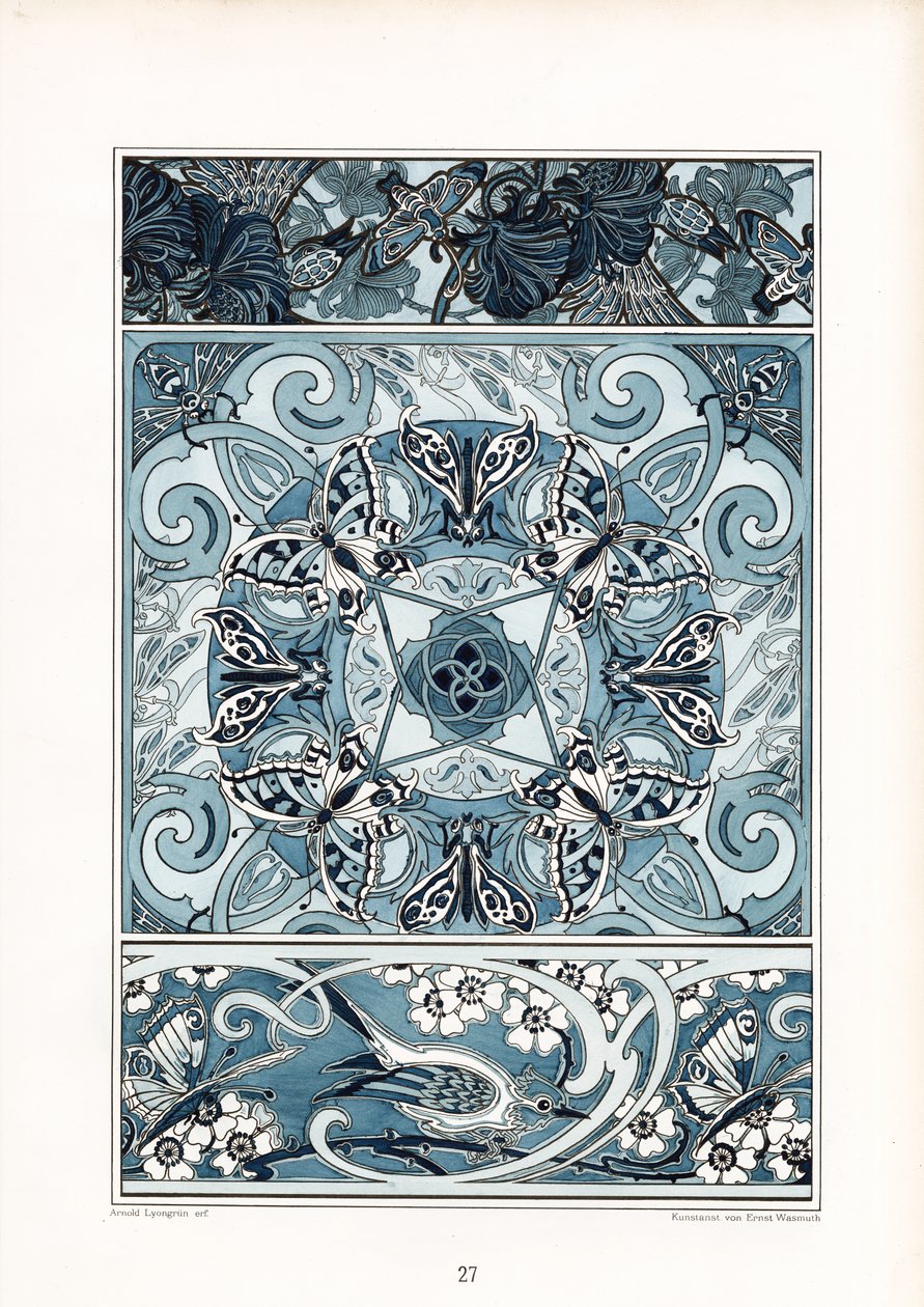 Kelebekli ve Kuşlu Mavi Beyaz Süs Desenleri (taş baskı) by Arnold Lyongrün