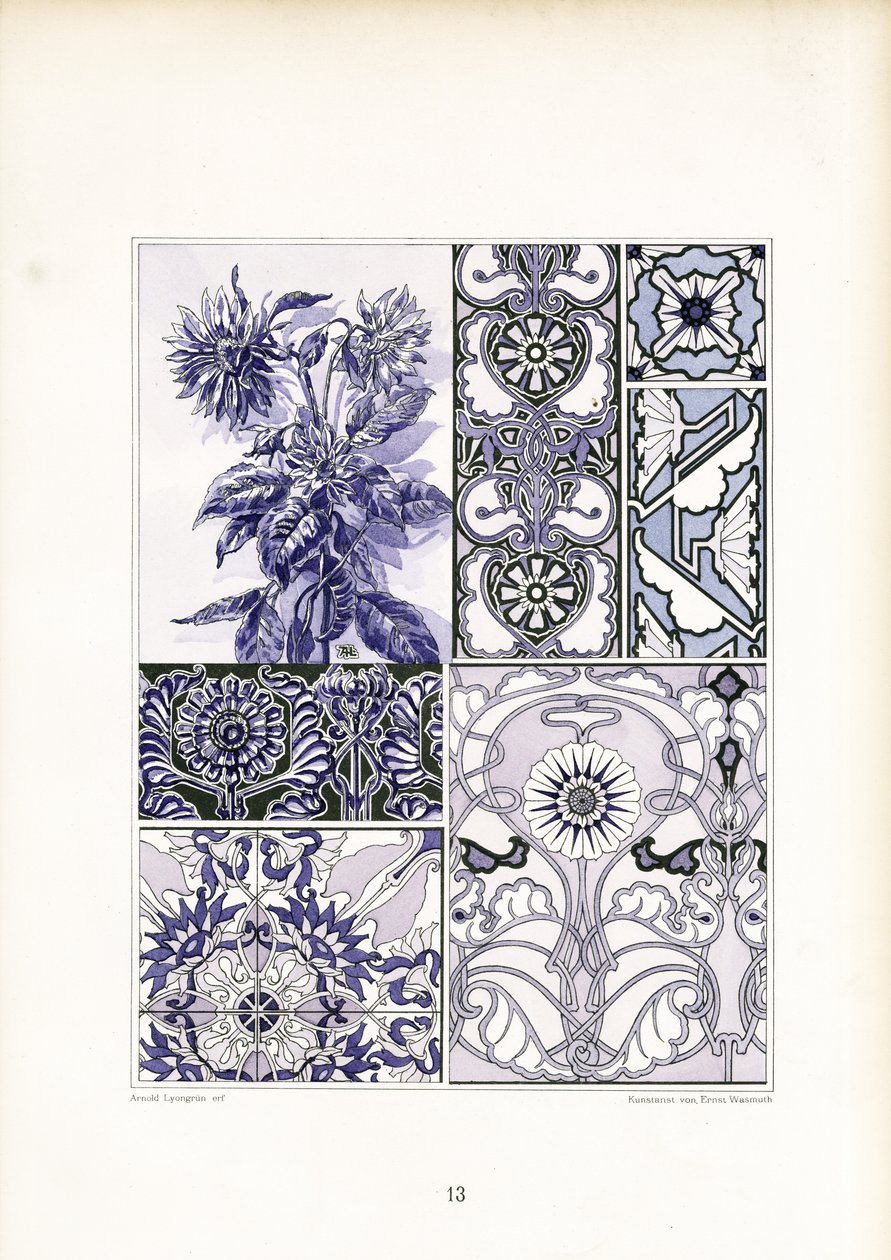 Mavi Tonlarda Peygamber Çiçeği Süsleme Çalışmaları (taş baskı) by Arnold Lyongrün