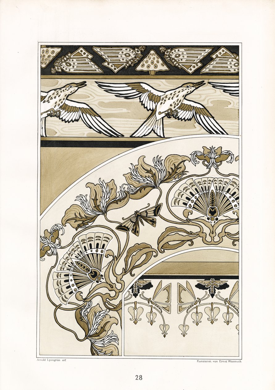 Kuş ve Yelpaze Motifli Dekoratif Art Nouveau Süsler (taş baskı) by Arnold Lyongrün