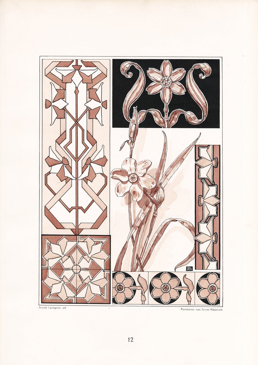 Gül Tonlarında Nergis Motifleri ve Geometrik Süslemeler (taş baskı) by Arnold Lyongrün
