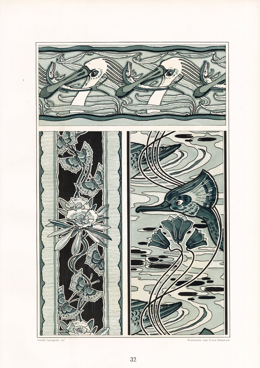 Kuğu ve Kelebek Motifli Süsleme Kompozisyonları (taş baskı) by Arnold Lyongrün