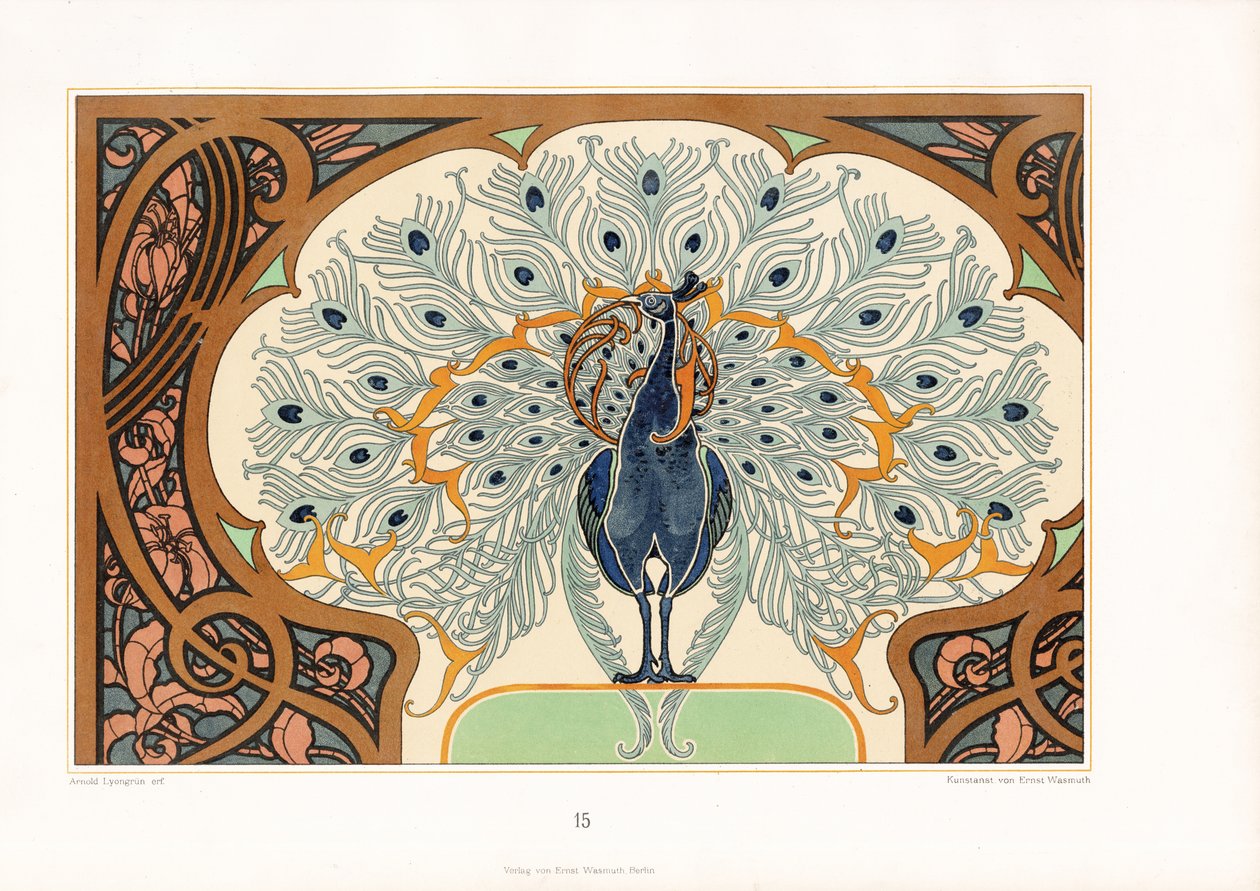 Art Nouveau Süslemeli Çerçeveli Tavus Kuşu (taş baskı) by Arnold Lyongrün