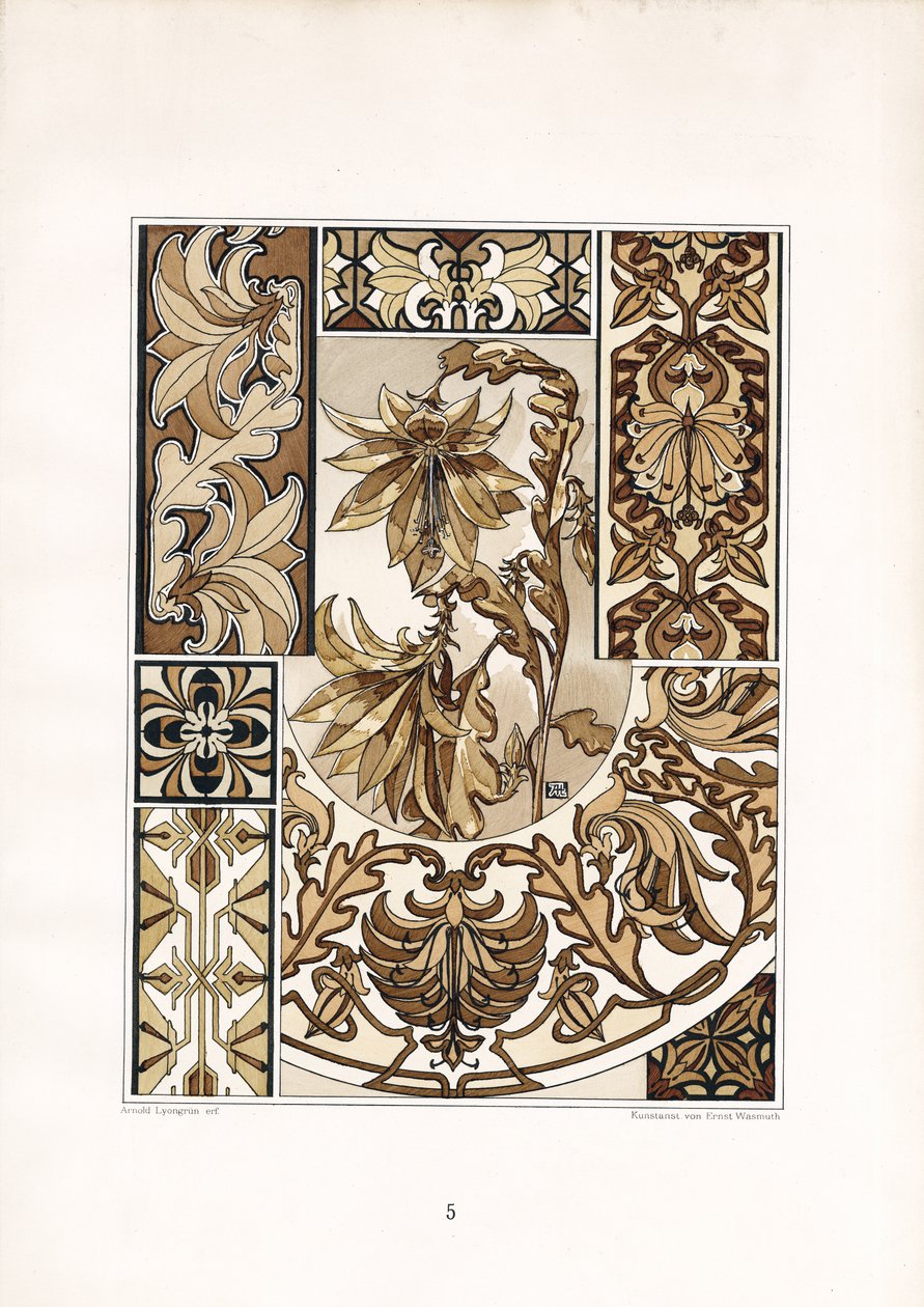 Sepya Tonlarında Stilize Yaprak Süsleri (taş baskı) by Arnold Lyongrün