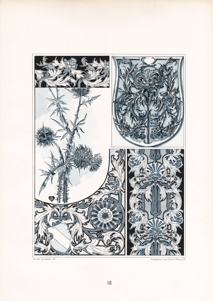 Mavi ve Beyaz Boyalı Devedikeni Süslemesi (taş baskı) by Arnold Lyongrün