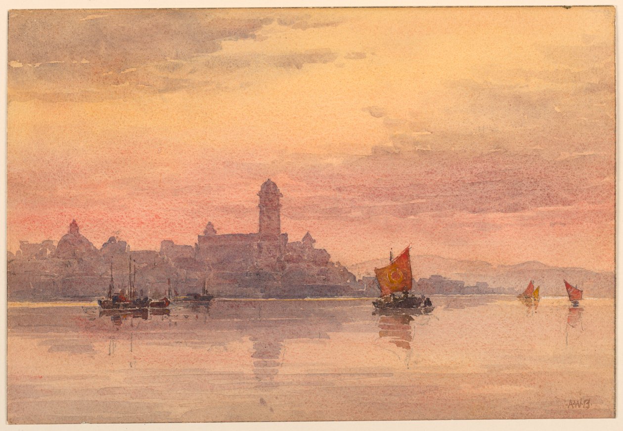 Yelkenli Tekneler Üzerinde Gün Batımı by Arnold William Brunner