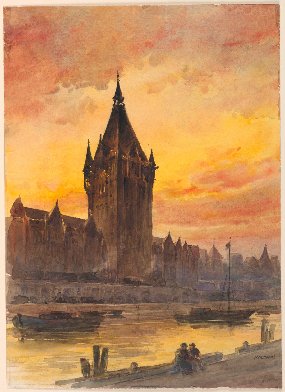 Kule ve Nehir Üzerinde Gün Batımı by Arnold William Brunner