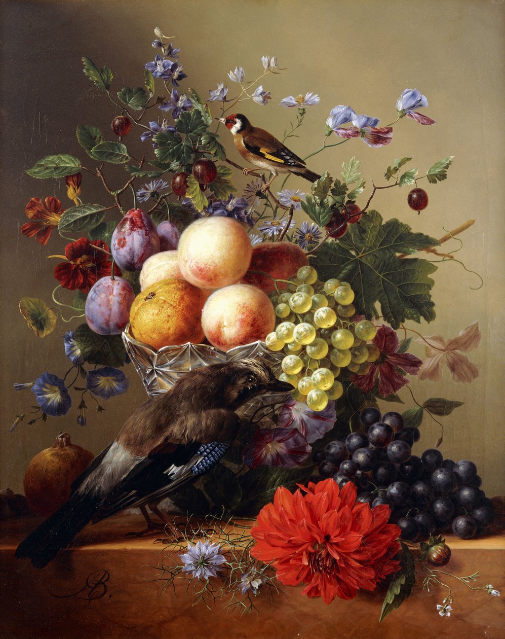 Bir Çıkıntıda Jay ile Cam Vazoda Şeftali, Üzüm, Erik ve Çiçekler, by Arnoldus Bloemers