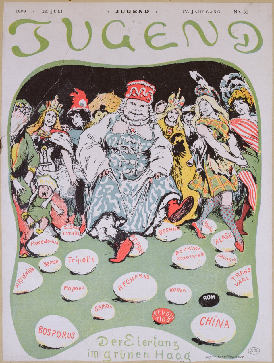 Yumurta Dansı, Birinci Lahey Barış Konferansı ile ilgili karikatür, Alman dergisi Jugend, 29 Temmuz 1899 by Arpad Schmidhammer