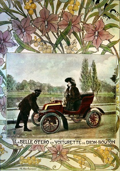 Bir De Dion-Bouton arabasının direksiyonunda La Belle Otero, 1900 dolayları by Arsene Herbinier