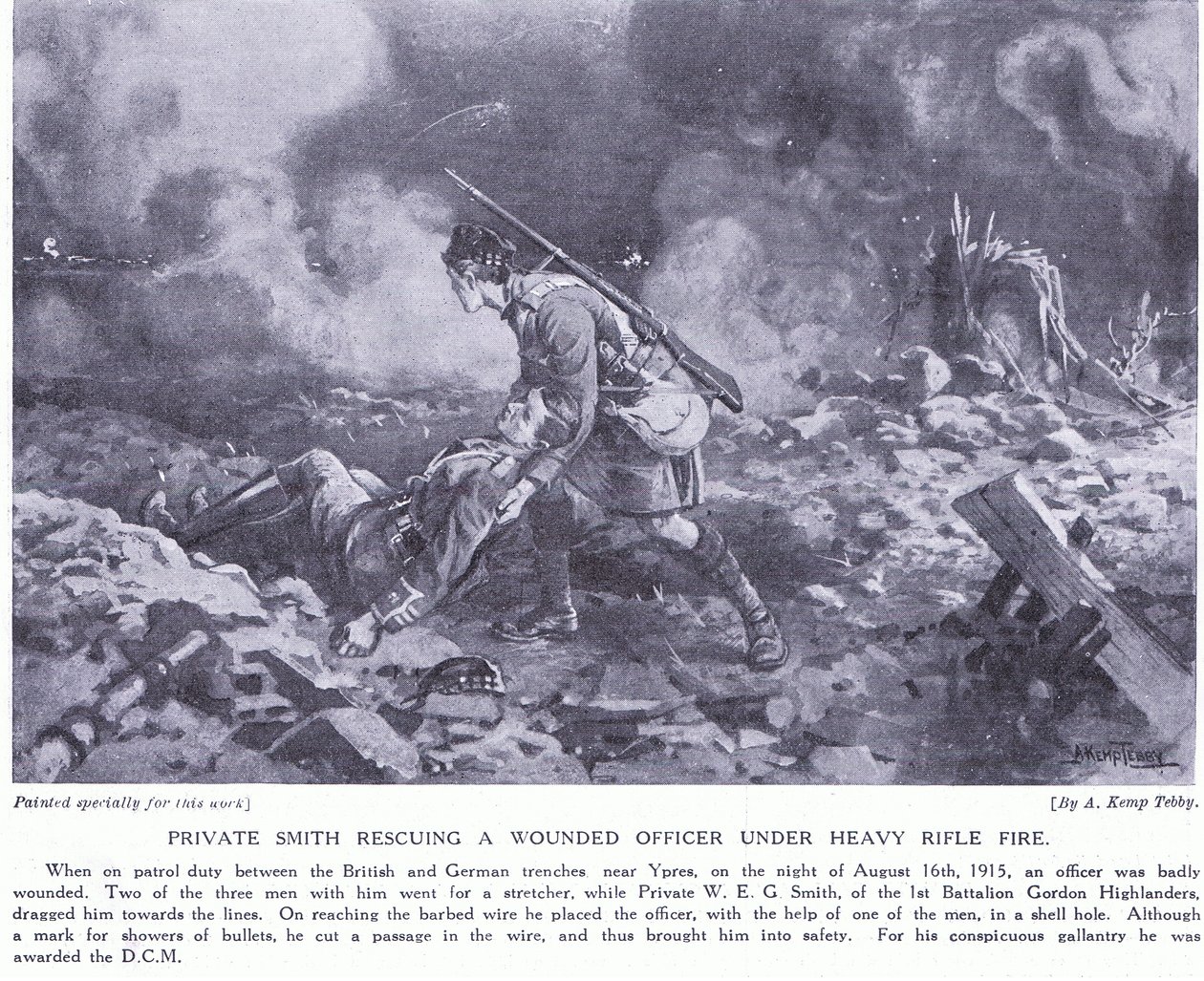 Er Smith ağır ateş altında yaralı bir subayı kurtarırken DCM Ypres Ağustos 1915 by Arthur Kemp Tebby