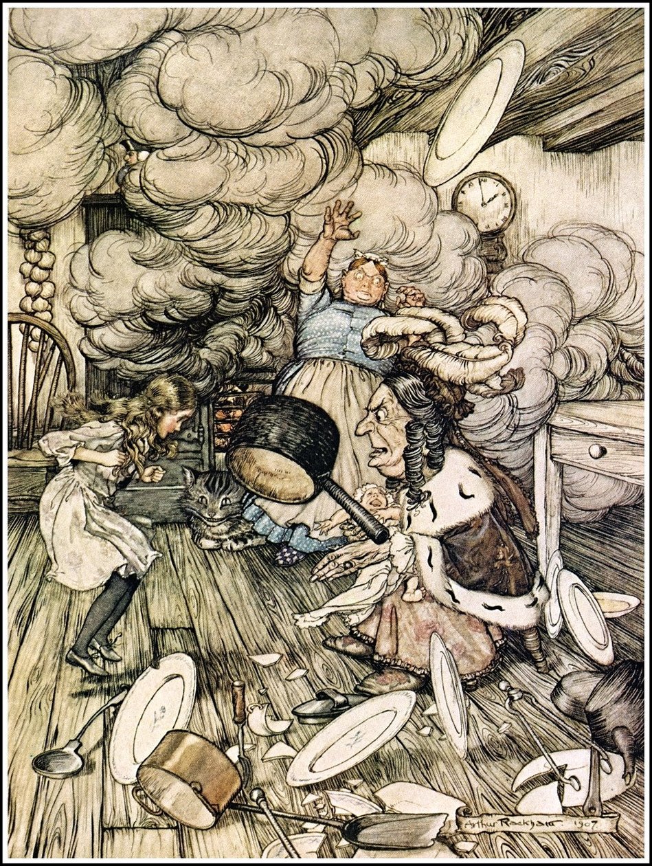 Alice Harikalar Diyarında Maceraları - Alışılmadık derecede büyük bir tencere yanına uçtu ve neredeyse onu taşıdı by Arthur Rackham