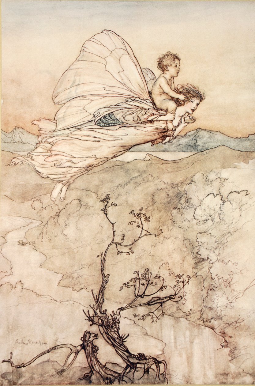 ..Ve perisi onu periler diyarındaki çardağıma götürmek için gönderdi, William Shakespeare'in "Yaz Gecesi Rüyası"ndan bir çizim, 1908 by Arthur Rackham