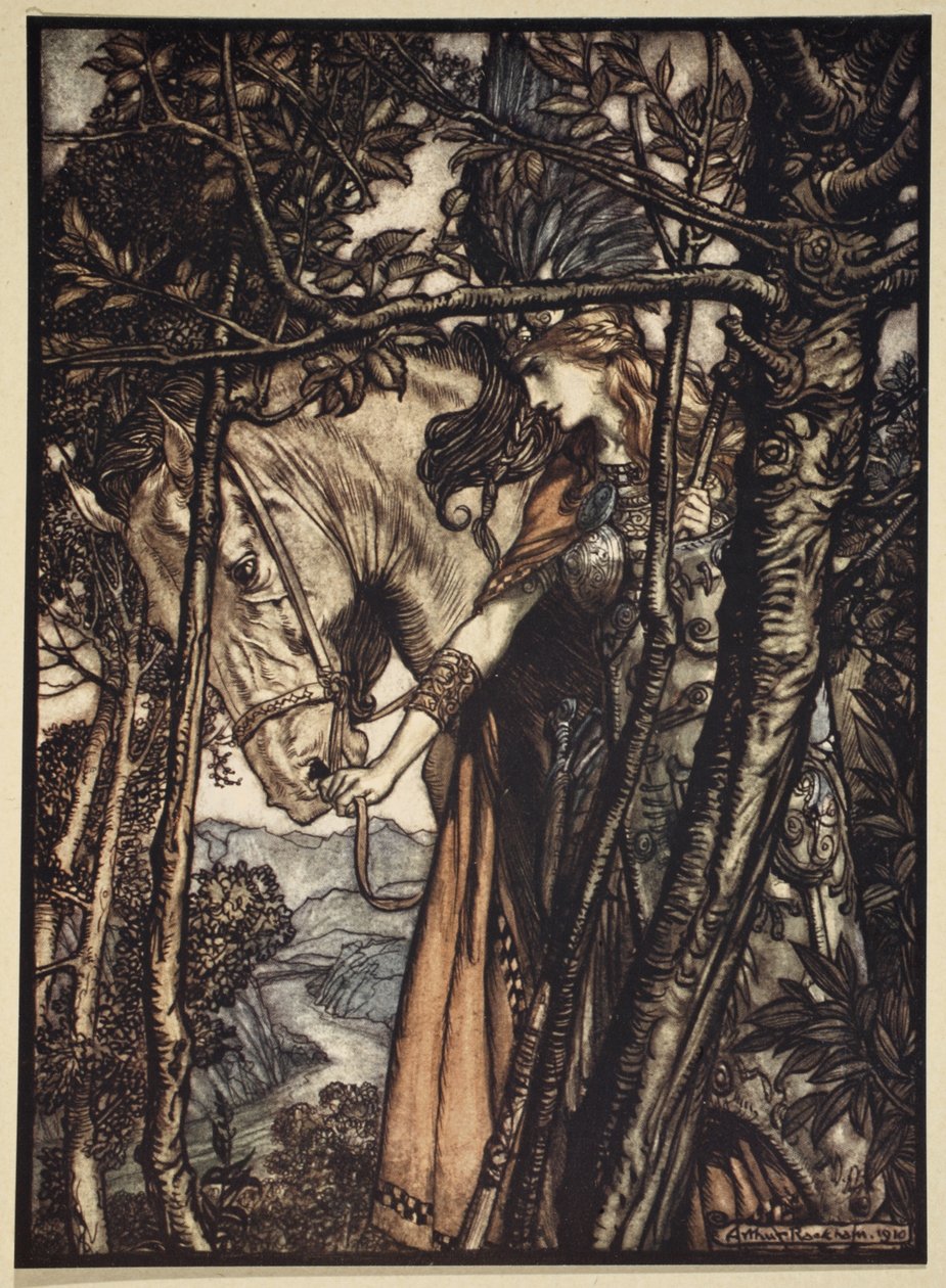Brunnhilde yavaş ve sessizce atını mağaraya doğru patikadan aşağı yönlendirir, 'Rhinegold ve Valkyrie'den bir çizim, 1910 by Arthur Rackham
