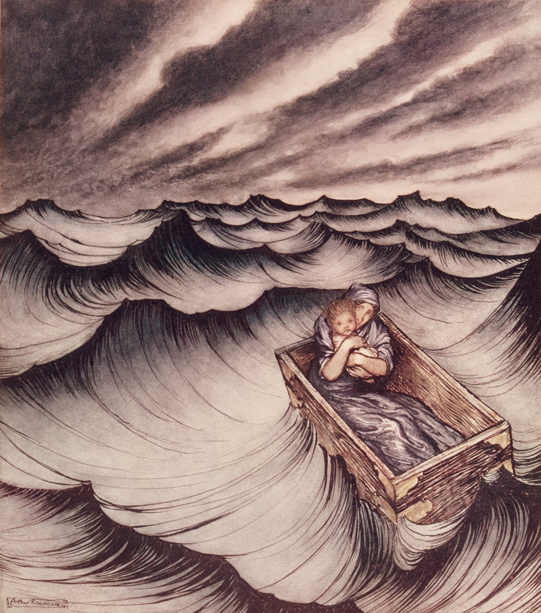 Danae ve oğlu Perseus bir sandığa koyup denize attılar, 1914 by Arthur Rackham