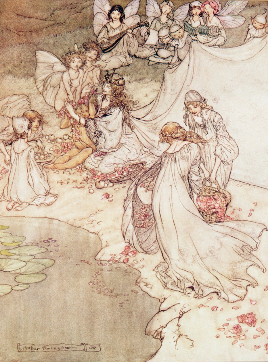 Bir Peri Masalı için İllüstrasyon, Bir Çocuğu Çiçeğiyle Kaplayan Peri Kraliçesi by Arthur Rackham