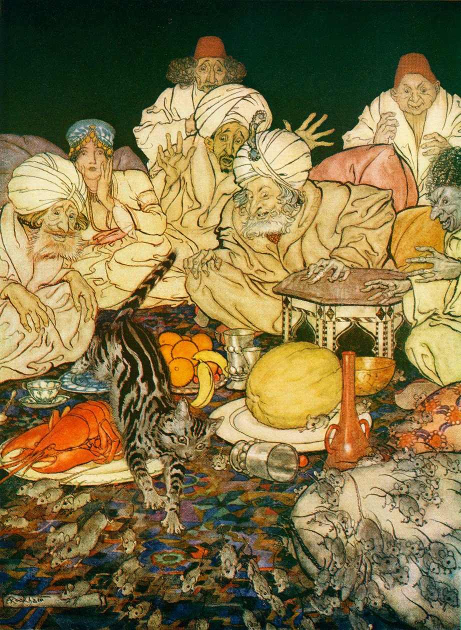 F.A. Steel tarafından Yeniden Anlatılan İngiliz Masallarından Dick Whittington ve Kedisine İllüstrasyon, 1927 by Arthur Rackham