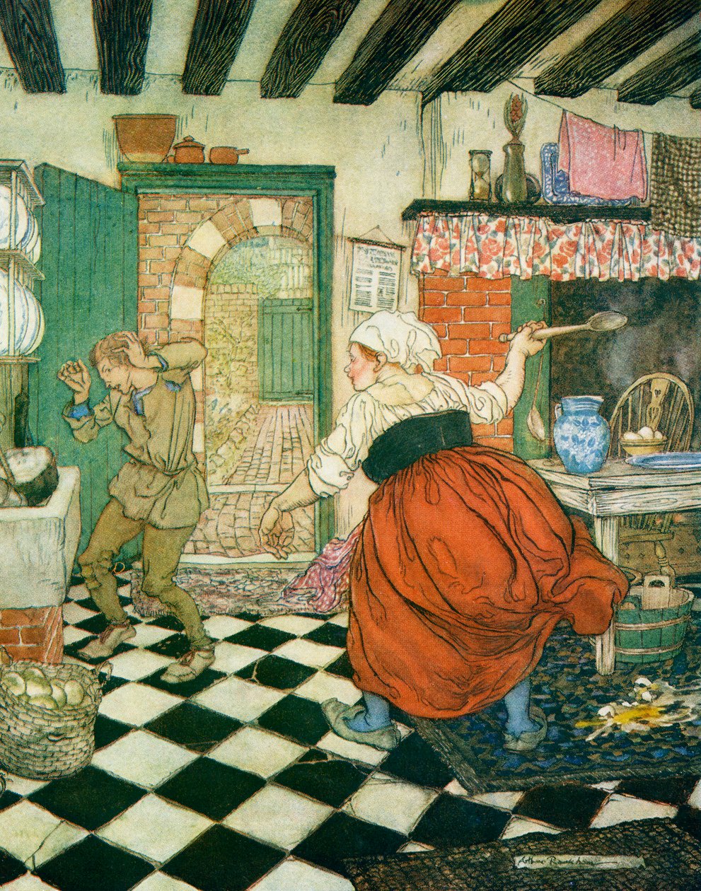 Süpürgeden ya da kepçeden aldığı darbeler, Dick Whittington ve Kedisine örnek, F.A. Steel tarafından Yeniden Anlatılan İngiliz Masalları, 1927 by Arthur Rackham