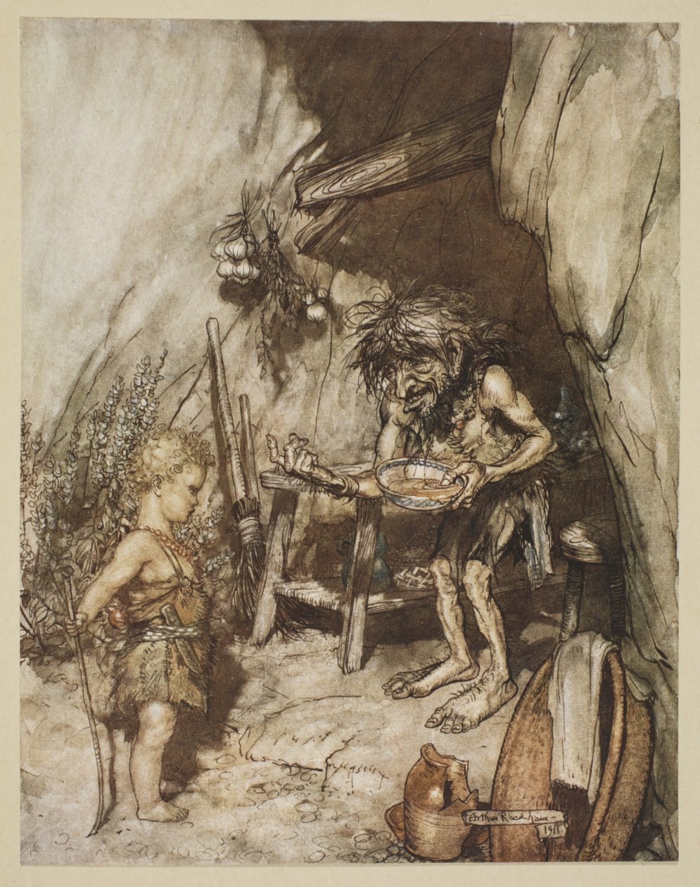 Mim ve bebek, 'Siegfried ve Tanrıların Alacakaranlığı'ndan bir çizim, 1924 by Arthur Rackham